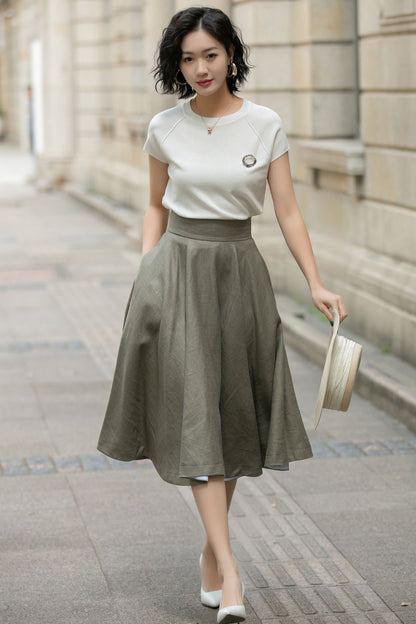Handmade Linen Circle Skirt – High Waist Pleated Midi Skirt for Spring Summer 5680