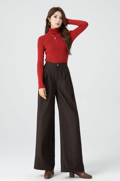 Brown Wool Wide Leg Pants - Soft Lined Winter Essential 5318
