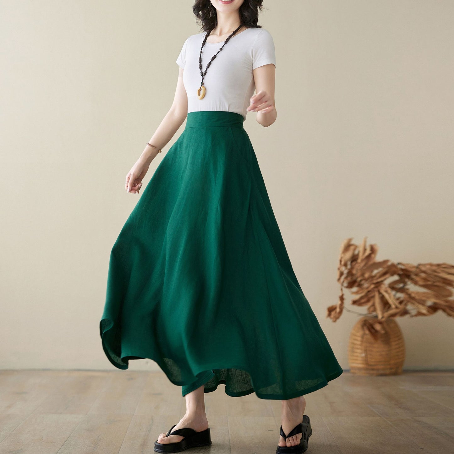 Green Linen Maxi Skirt with pockets 4974