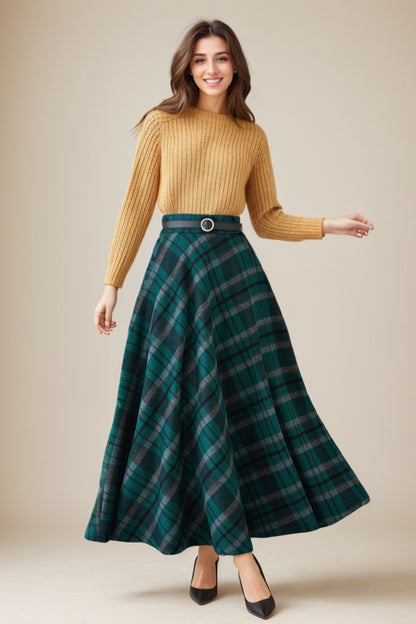 Green Plaid Wool Maxi Skirt – High Waist A-Line Winter Skirt with Pockets 5264