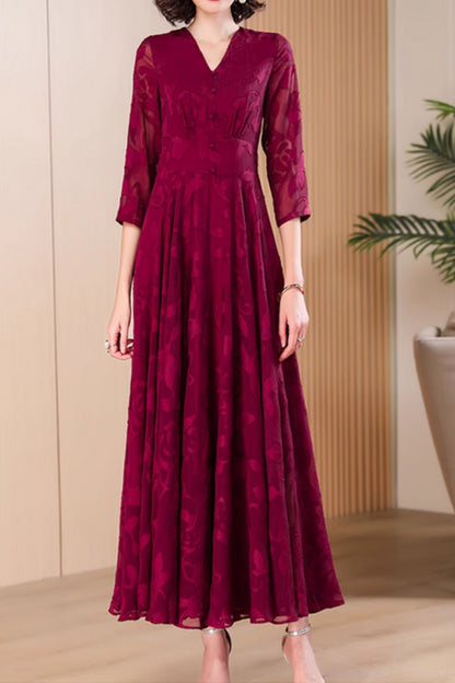 Burgundy maxi fit and flare long chiffon dress 5045