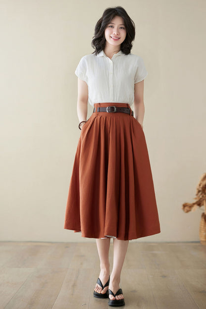 Dark Red Linen Pleated A-Line Skirt - High Waist Midi | Xiaolizi 4973