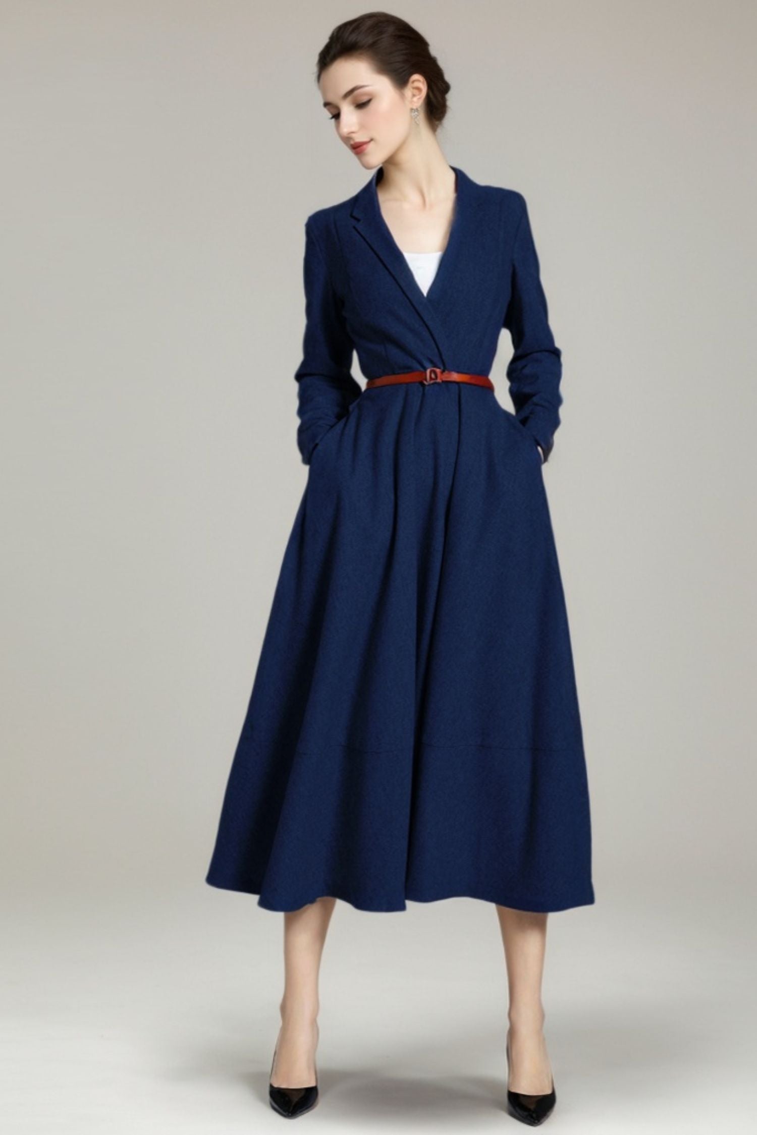 Elegant Wool V-Neck Dress Long Sleeve Winter Midi Dress 5489 Brown / XL Elegant Wool V-Neck Dress Long Sleeve Winter Midi Dress 5489 Brown / XL
