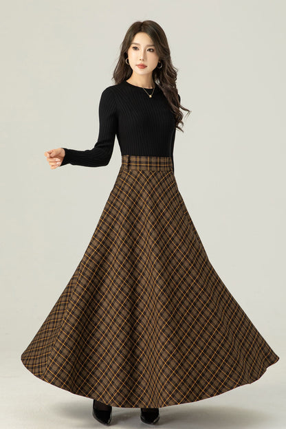 Handmade Brown Plaid Wool Maxi Skirt – High Waist Pleated Winter Long Skirt | Xiaolizi 4666