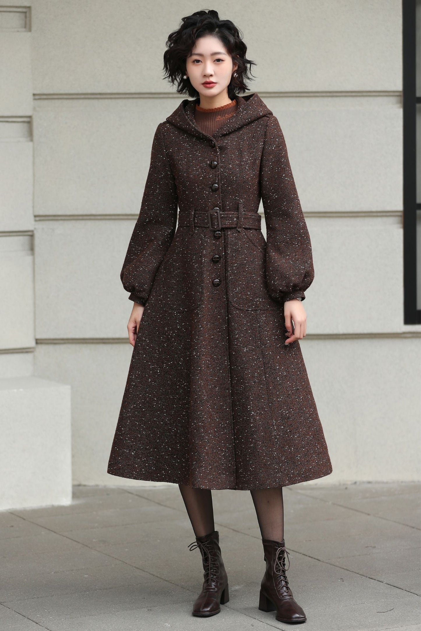 Xiaolizi Handmade Vintage Wool Coat – Brown Hooded Belted Swing Winter Coat 6610