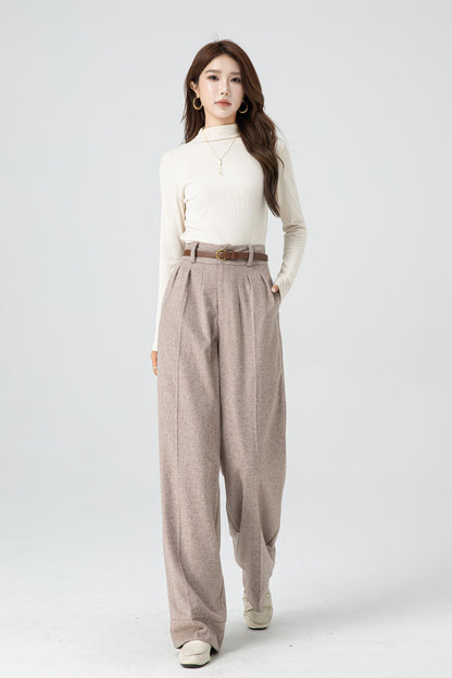 Handmade Beige Wool Wide-Leg Pants – Vintage High-Waist Winter Trousers | Xiaolizi 5324