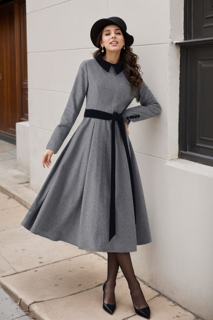 Gray Wool Midi Dress - Fit and Flare Silhouette with Contrast Collar 5247
