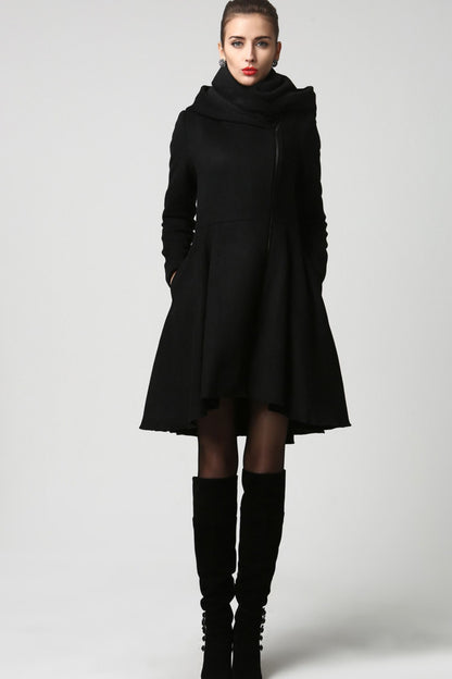 Vintage Black Wool Coat – Asymmetrical Hooded Overcoat for Autumn Winter 1121