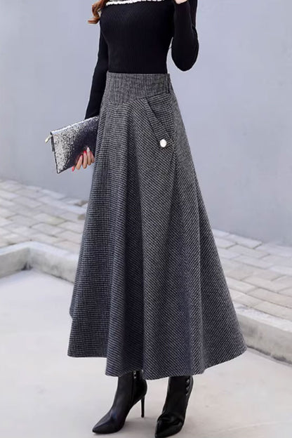 Black & Gray Wool Midi Skirt - A-Line Silhouette with Pockets 4645