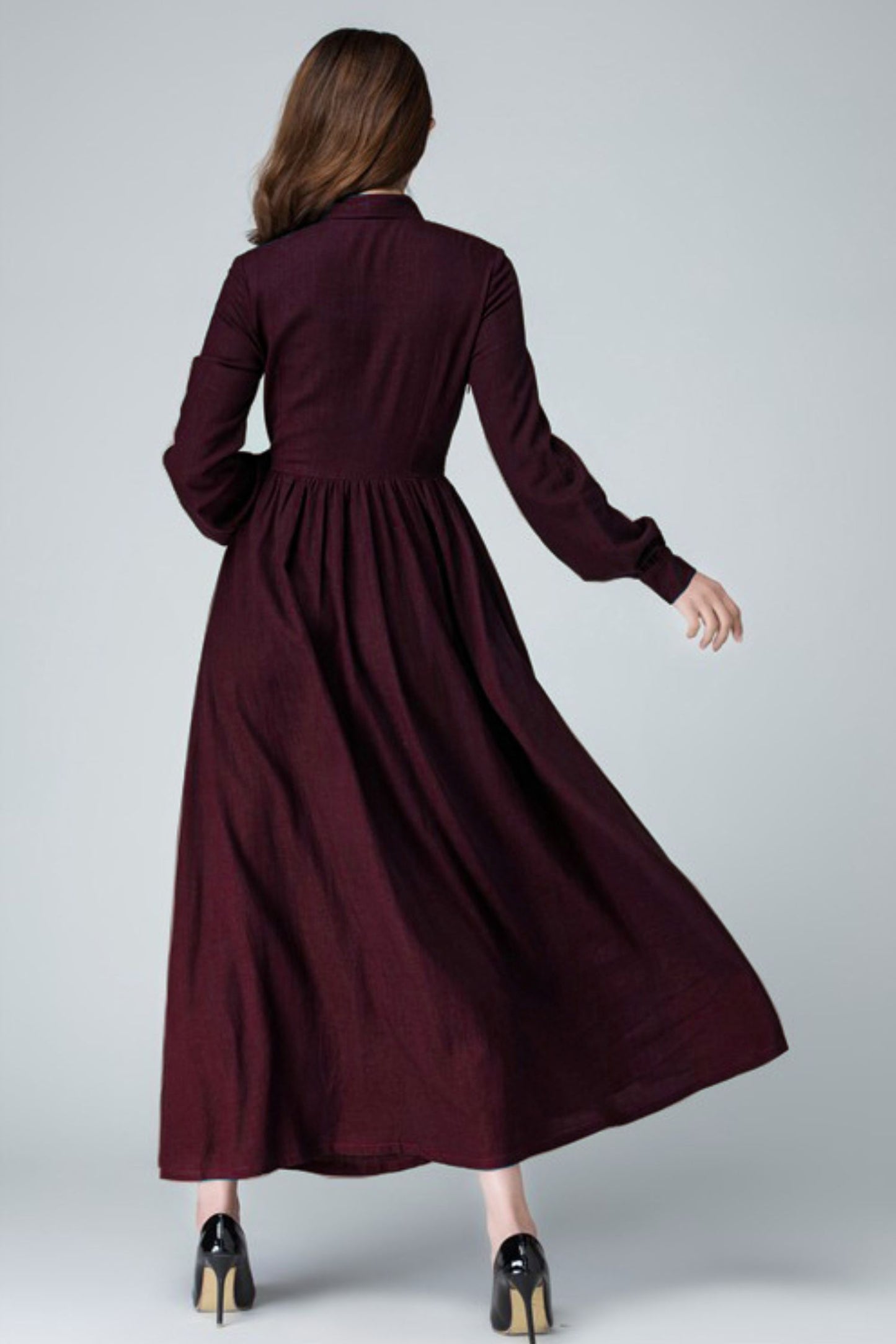 Burgundy Linen Maxi Dress – Vintage Long Sleeve Elegant Dress 6676