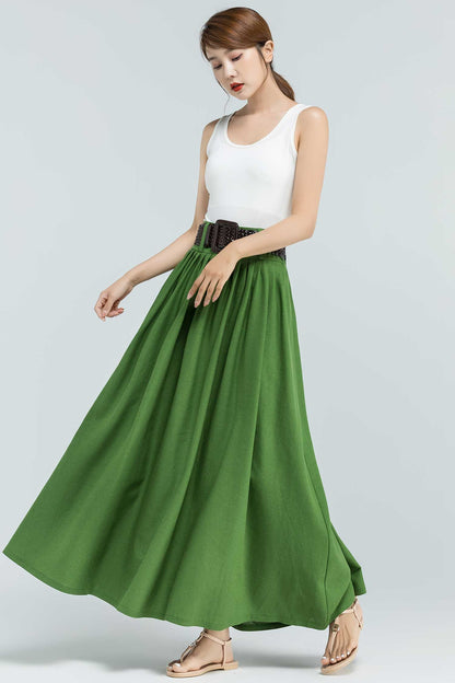Green Linen Maxi Skirt - Pleated Waist with Pockets 2381