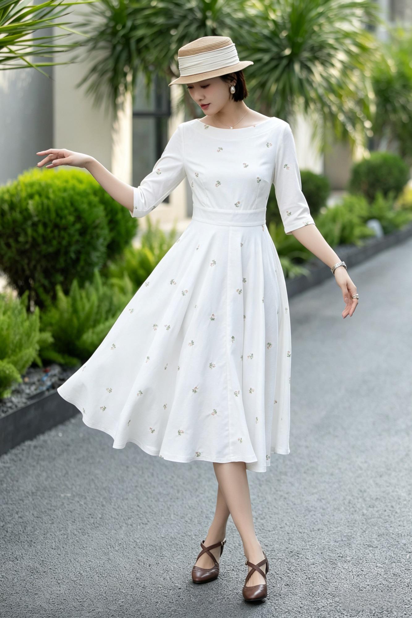 Handmade White Linen Cotton Dress – Vintage Midi