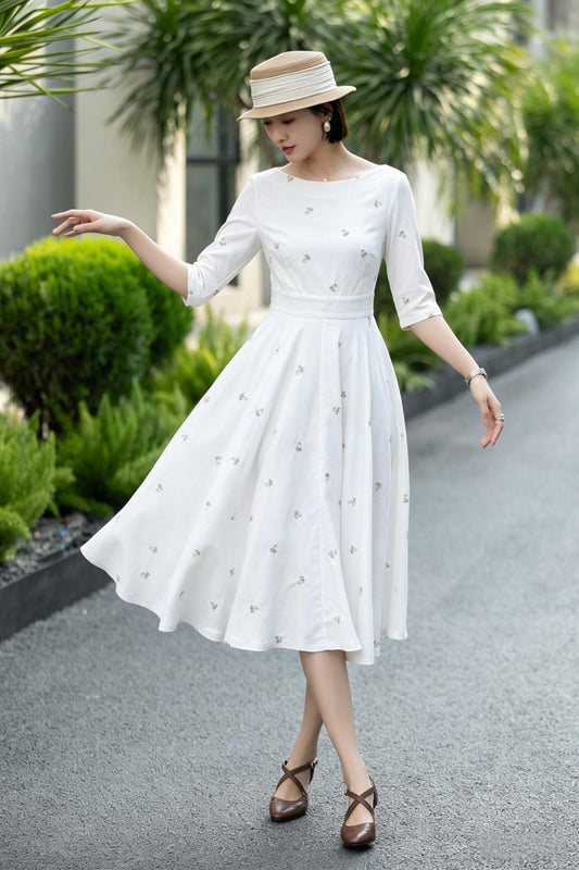 White Linen Cotton Midi Dress – Vintage Fit & Flare with Pockets 6785