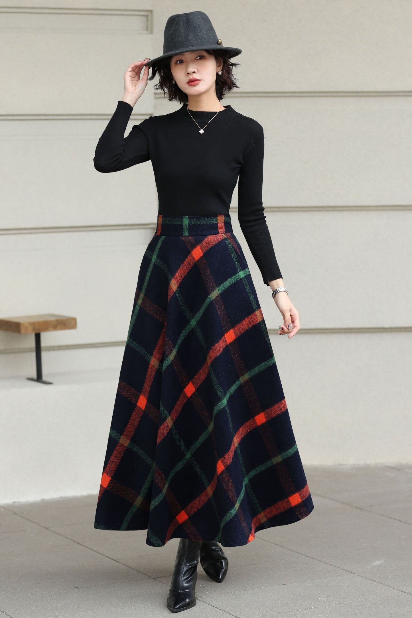 Xiaolizi Plaid Wool Maxi Skirt for Women – Handmade A-Line Winter Swing Skirt 6619