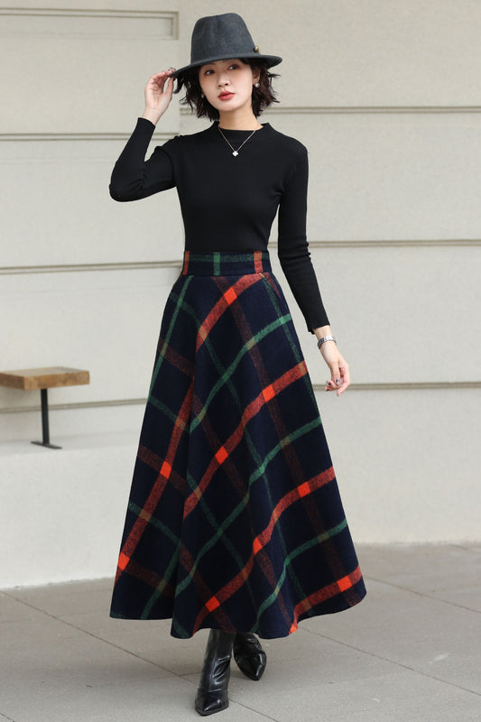 Xiaolizi Plaid Wool Maxi Skirt for Women – Handmade A-Line Winter Swing Skirt 6619