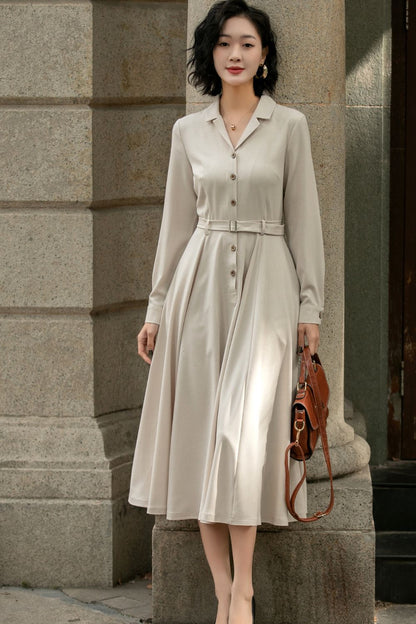 Beige Linen Cotton Midi Shirt Dress - Vintage Belted Swing Silhouette 5674