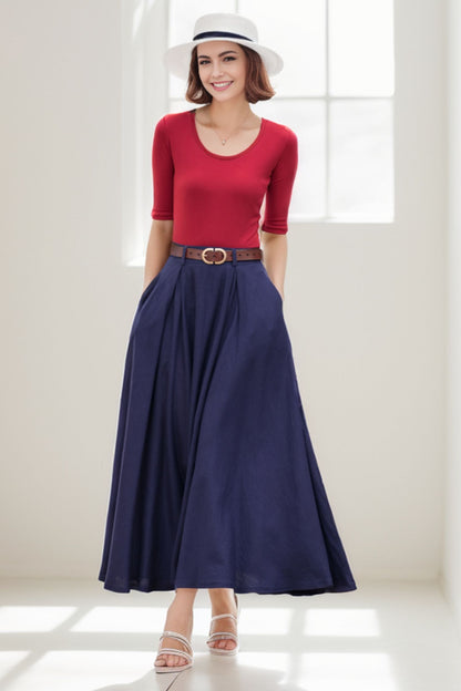 Navy a line Linen Maxi Skirt with Pockets  2778