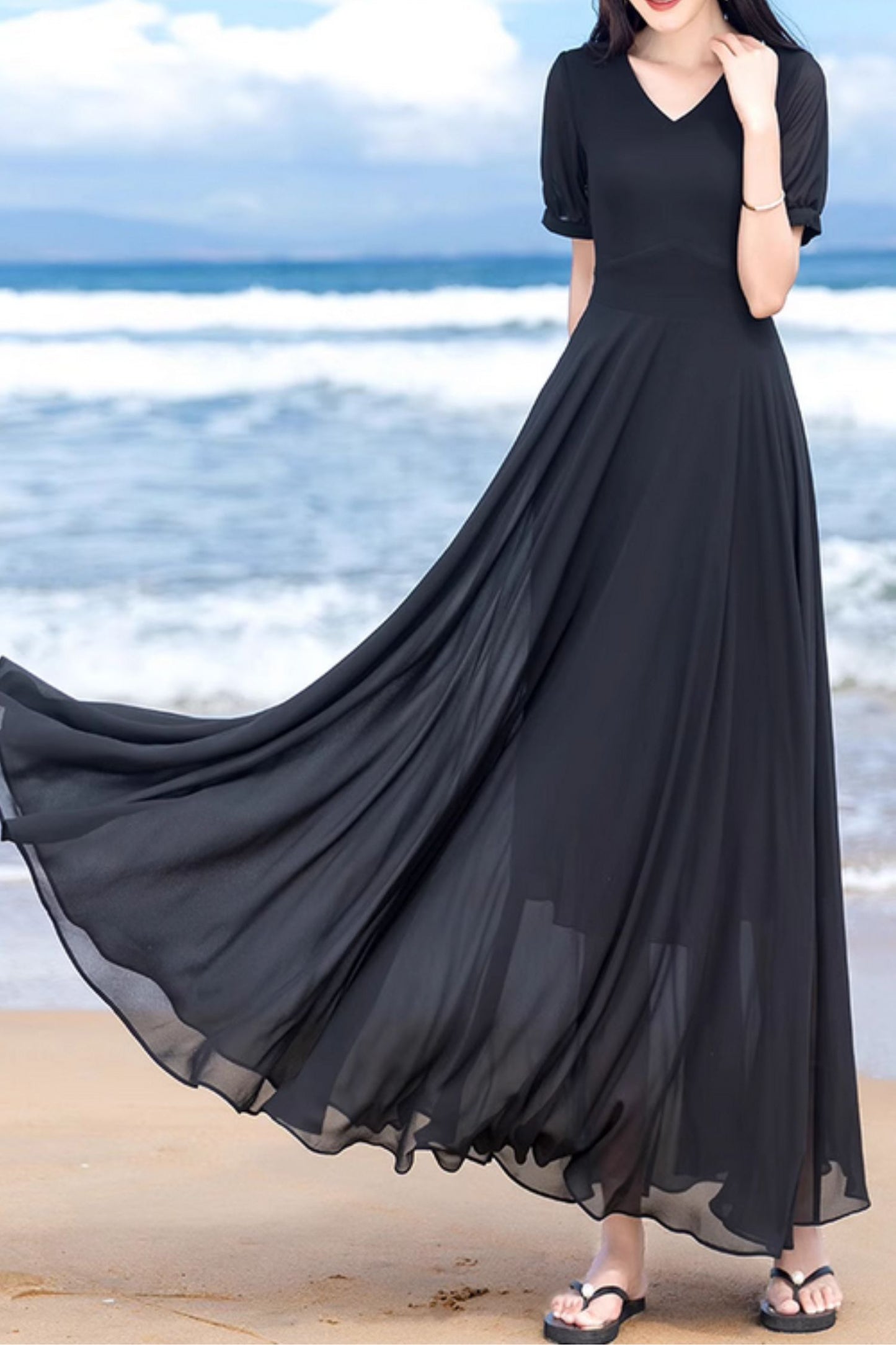 Fit and flare black maxi swing summer chiffon dress 5153