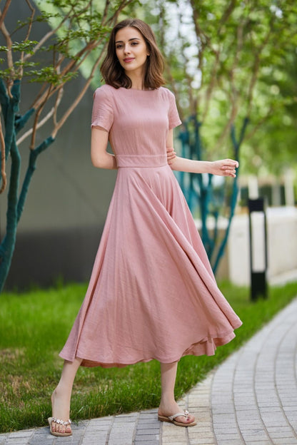 Pink Linen Midi Dress - Fit and Flare Swing with Boat Neckline 5824