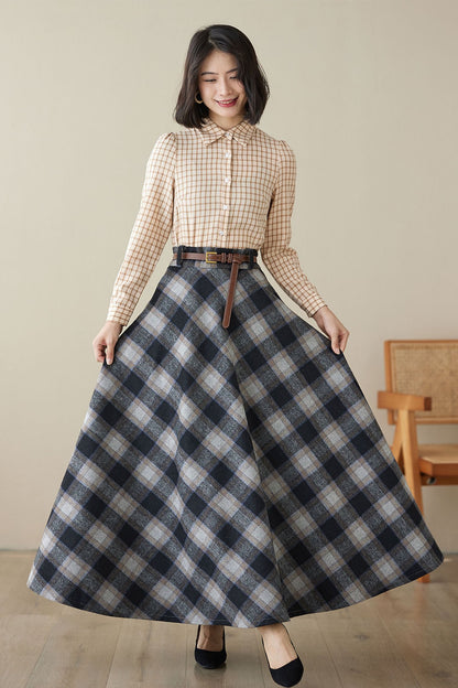Blue Gray Plaid Wool Maxi Skirt – High Waist A-Line Winter Skirt for Women 5262