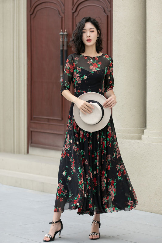 Black Floral Swing Summer Chiffon Dress 5112