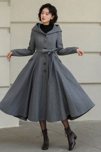 Gray Wool Long Coat - Hooded, Tie Belt, Fitted Waist 6535