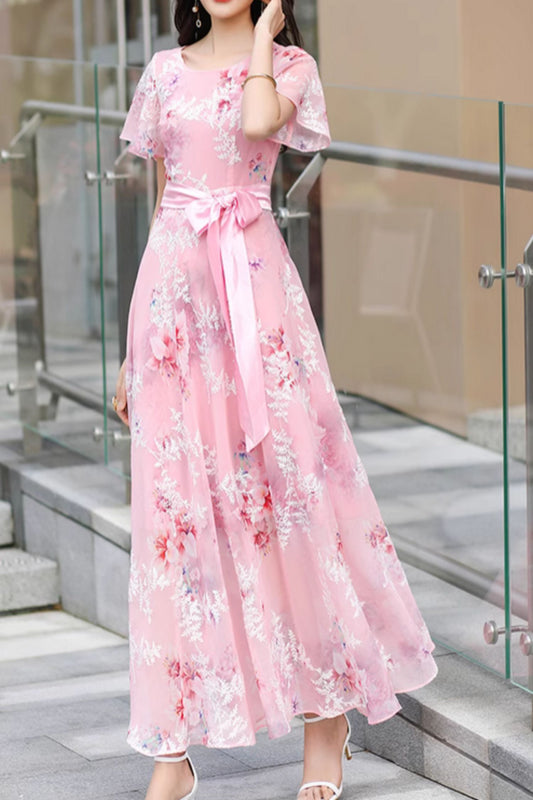 Pink embroidered maxi prom party dress 5084