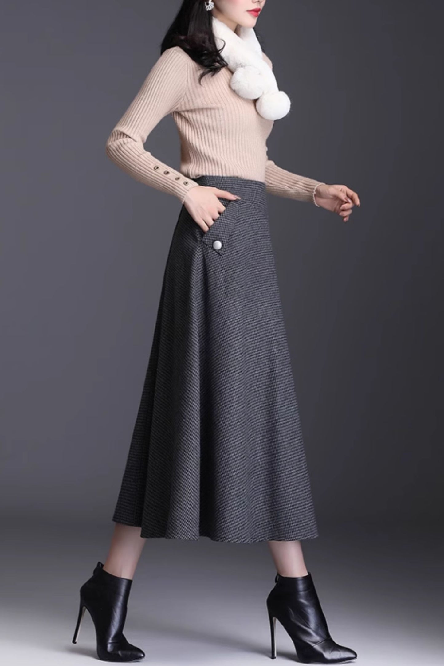 Black & Gray Wool A-Line Midi Skirt - High Waist, Pockets 6133