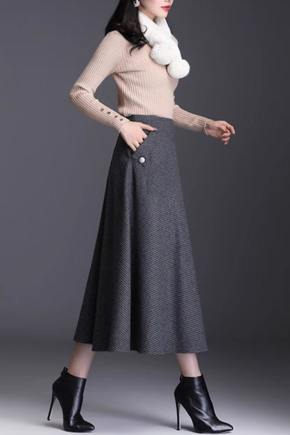 Black & Gray Wool A-Line Midi Skirt - High Waist, Pockets 6133