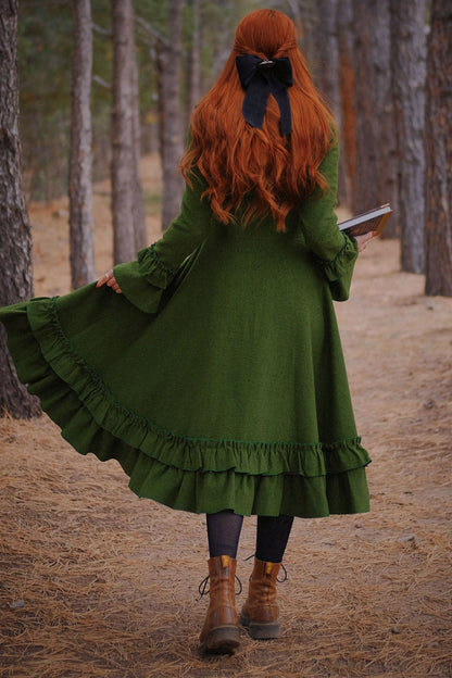 Green Wool Coat with Hood and Ruffled Trim - Long, Flowy Silhouette 3967