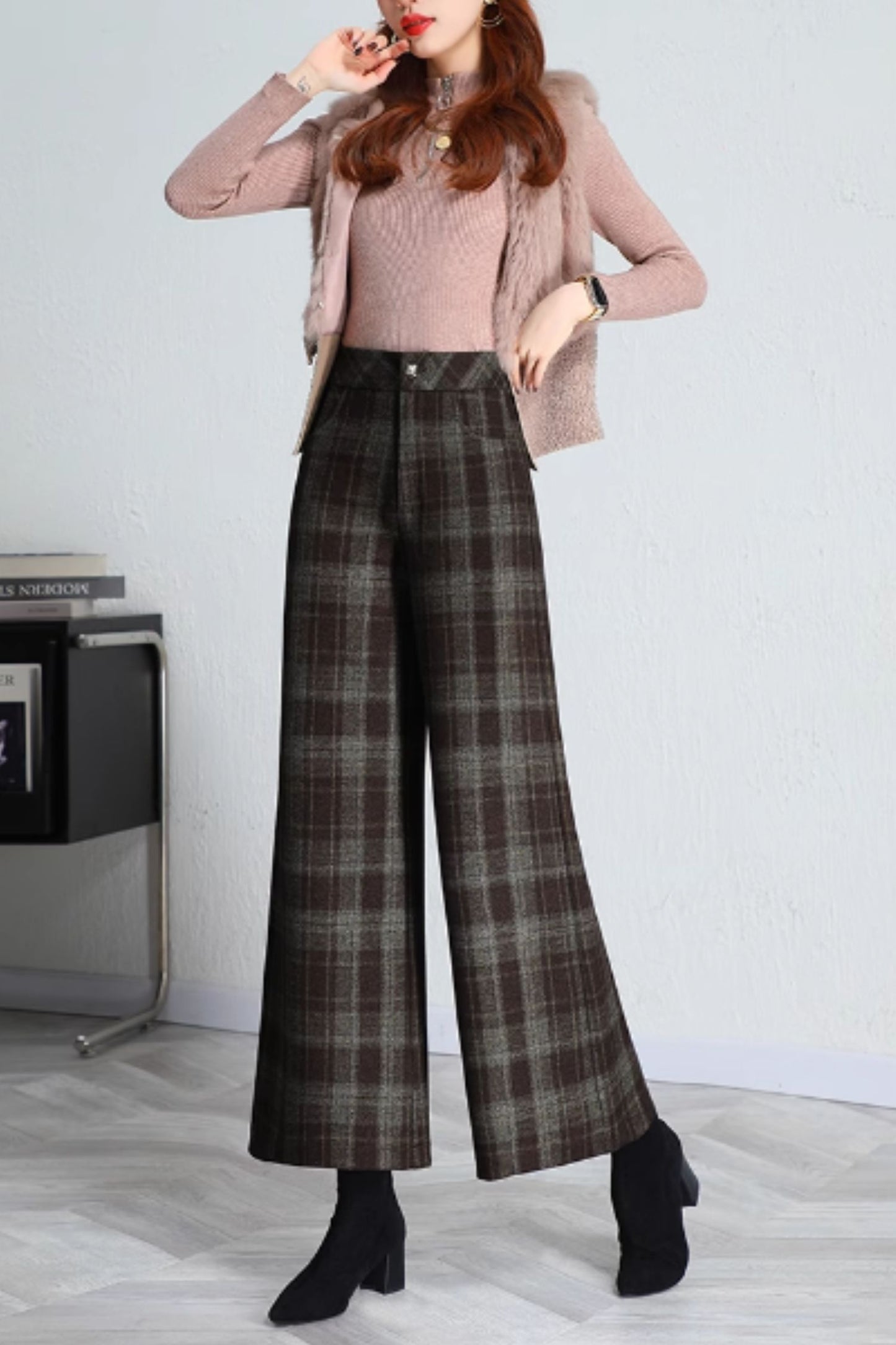 Wide leg winter plaid wool pants women 5417