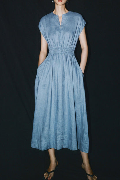 Blue Linen Midi Dress - A-Line Silhouette with Cap Sleeves HY0021