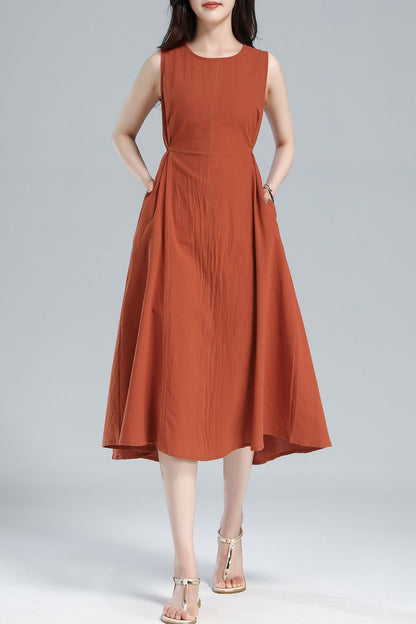 Orange Linen Blend Sleeveless Midi Dress - A-Line Silhouette with Belt 3617