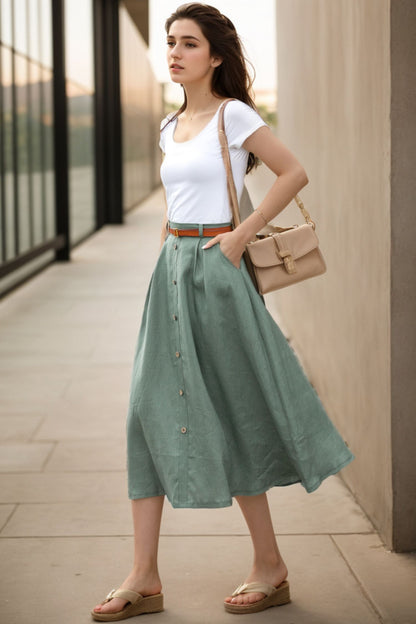 Green Linen Midi Skirt - A-Line Button Front | Xiaolizi 5135