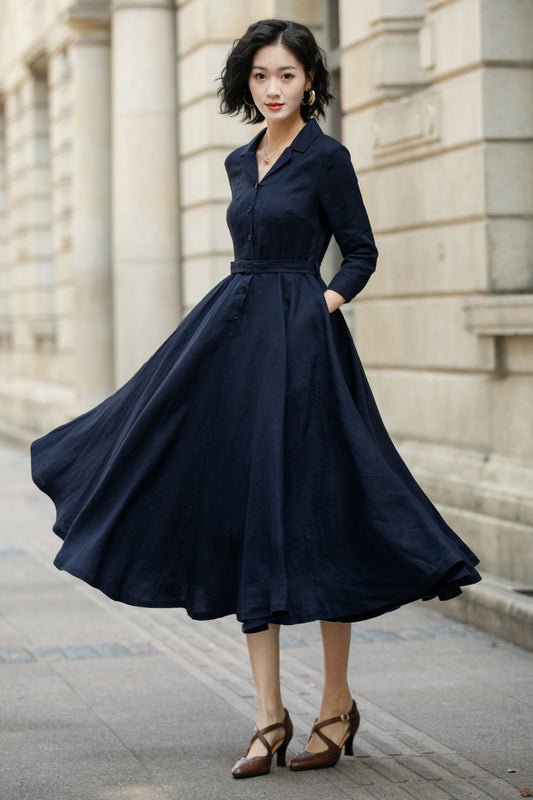 Navy Linen Shirt Dress for Women, Xiaolizi Belted A-Line Dress 6708