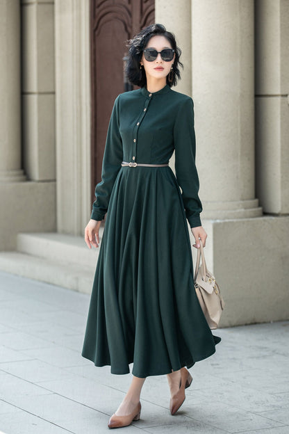 Dark Green Wool Maxi Dress - Long Sleeve, Flowy Winter Style 5314