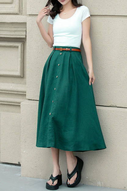 Green Linen A-Line Midi Skirt - Button Front Detail 4967