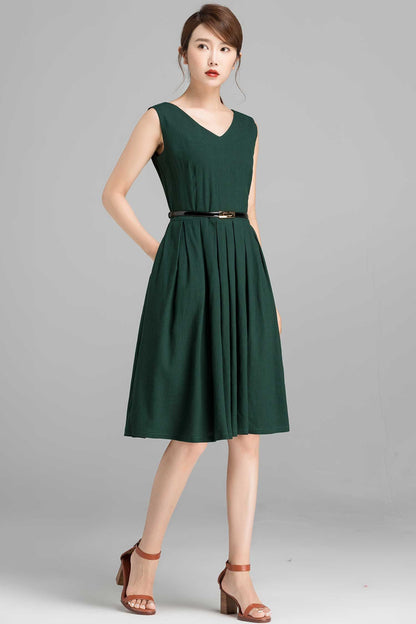 Sleeveless knee length green linen dress 2357