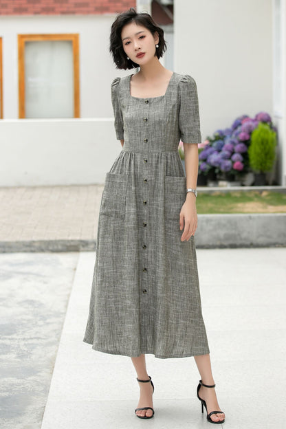 Gray Linen Cotton Midi Dress - Square Neckline with Puff Sleeves 5984