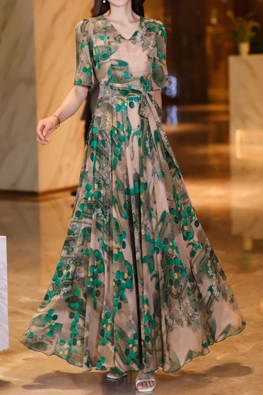 Floral printed maxi elegant chiffon dresses 5013