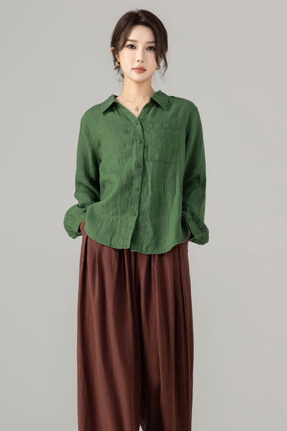 Green Linen Blouse - Loose Fit Vintage Collar Long Sleeve | Xiaolizi 5698