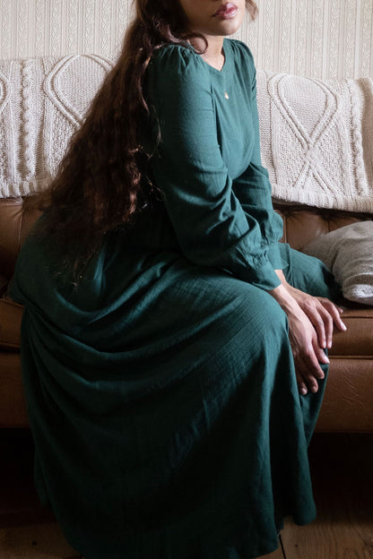 Green Linen Maxi Dress - Pleated Waist, Lantern Sleeves 3620
