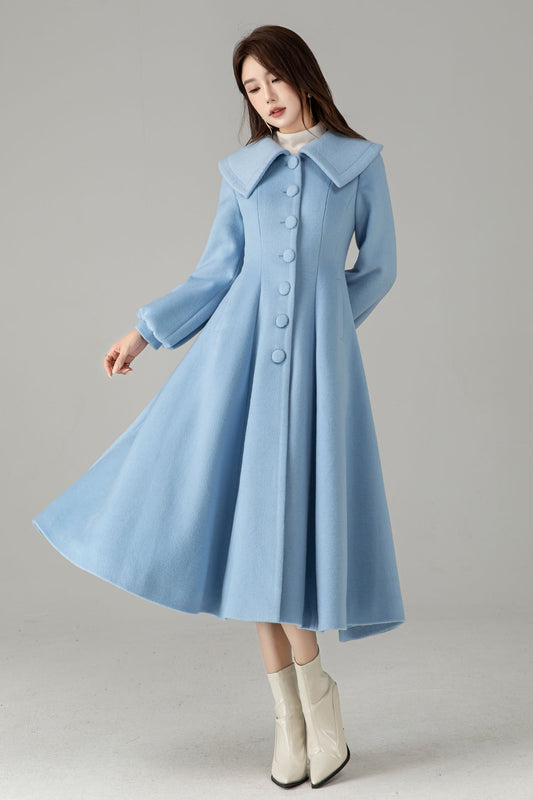 Sky Blue Wool Princess Coat – Vintage Fit and Flare Swing Winter Coat | Xiaolizi 6576