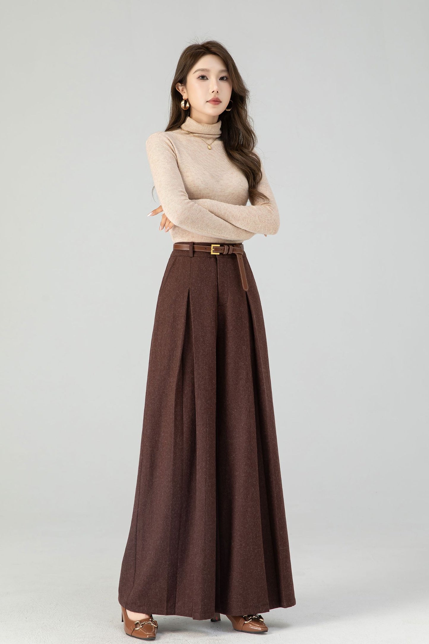 Brown wide leg long wool pants women 4554