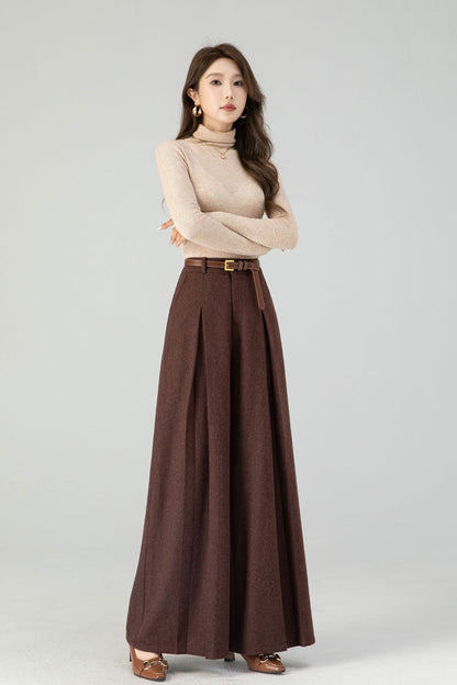 Brown Wool Blend Wide Leg Pants – Handmade High Waisted Winter Elegance 4554