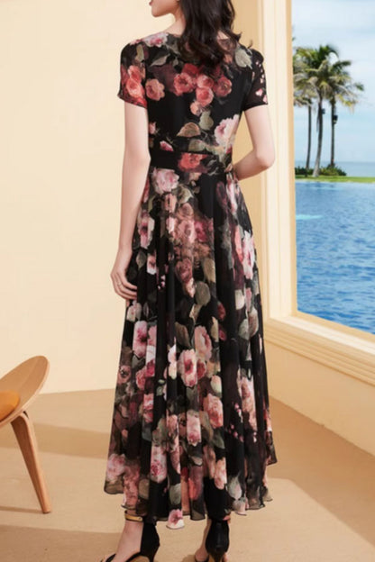 Floral printed summer vacation prom chiffon dress 5014