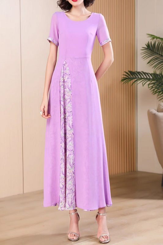 Block color maxi purple chiffon dresses 5010