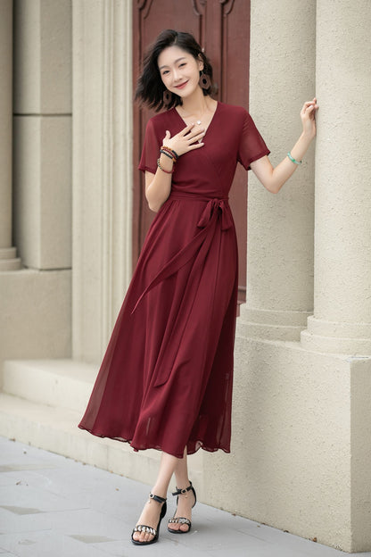 Burgundy Chiffon Midi Dress - Fit and Flare, V-Neck Wrap Style 5222
