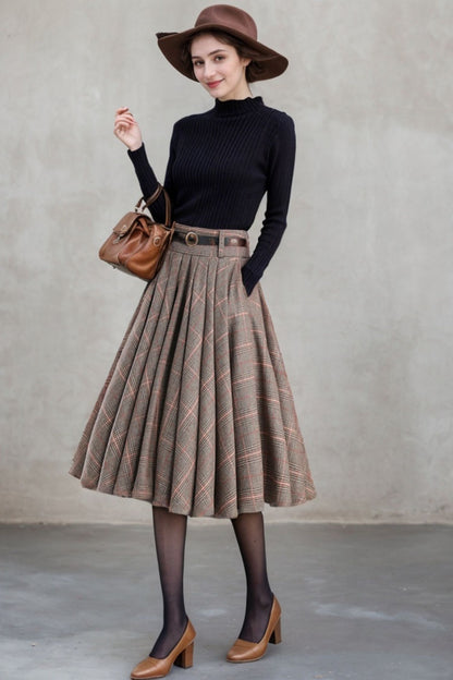 Beige Plaid Wool Skirt Midi - Handmade Retro Full Skirt 5405