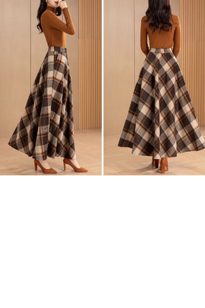 Plaid Wool Maxi Skirt - A-Line Ankle Length | Xiaolizi 5563